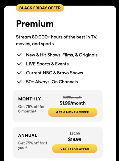 NBC Peacock TV Premium: 1-Year for $19.99 (75% Off Black Friday)